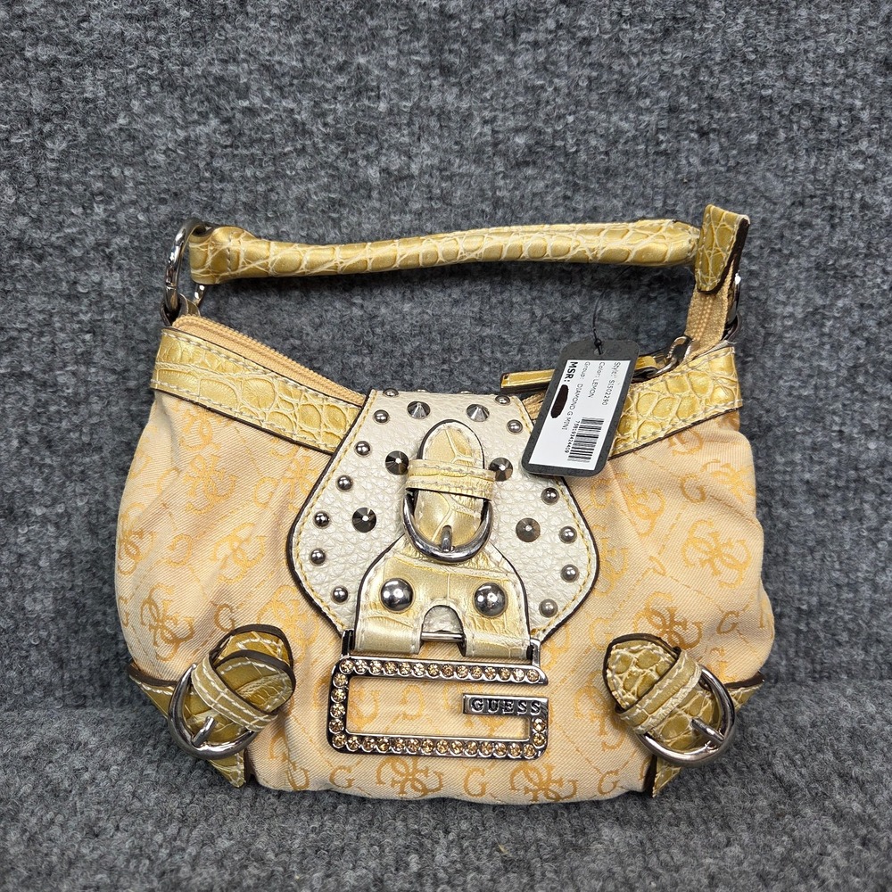 VTG Y2K GUESS Yellow Croc Embossed Mini Shoulder Bag Purse Studded Deadstock